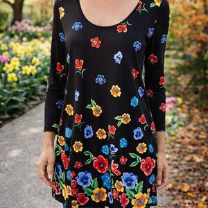 Women's Medium black floral tunic top long sleeves scoop neck casual stop slinky